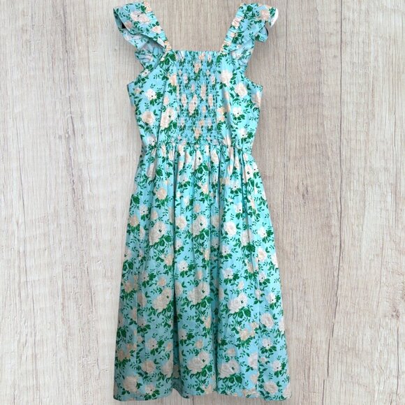 BLUEBERI BOULEVARD Women's Blue Pink Green Floral Ruffle Sleeve Smocked Dress S - Picture 3 of 7